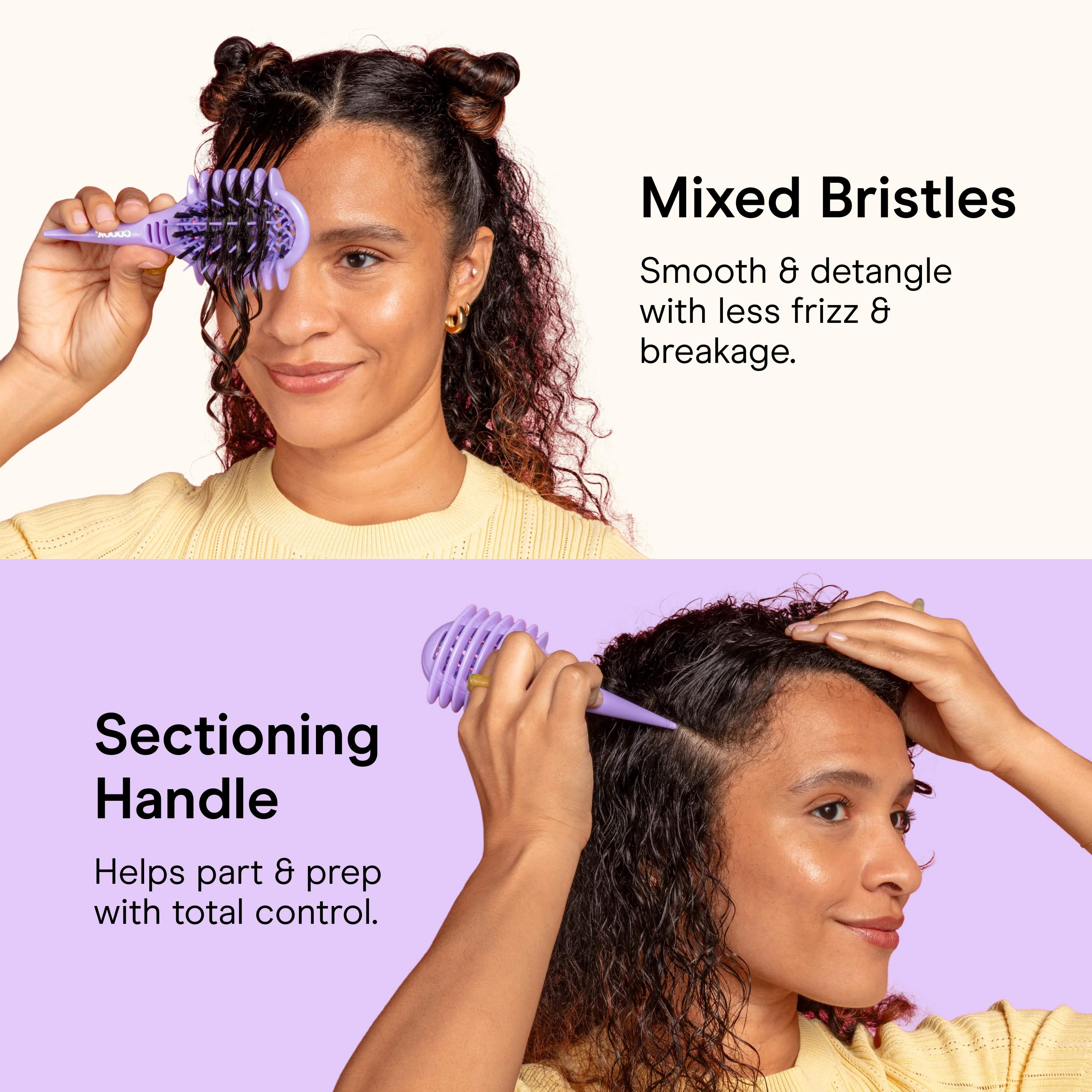 Conair Curl Define brush frame highlighting the mixed bristles and sectioning handle
