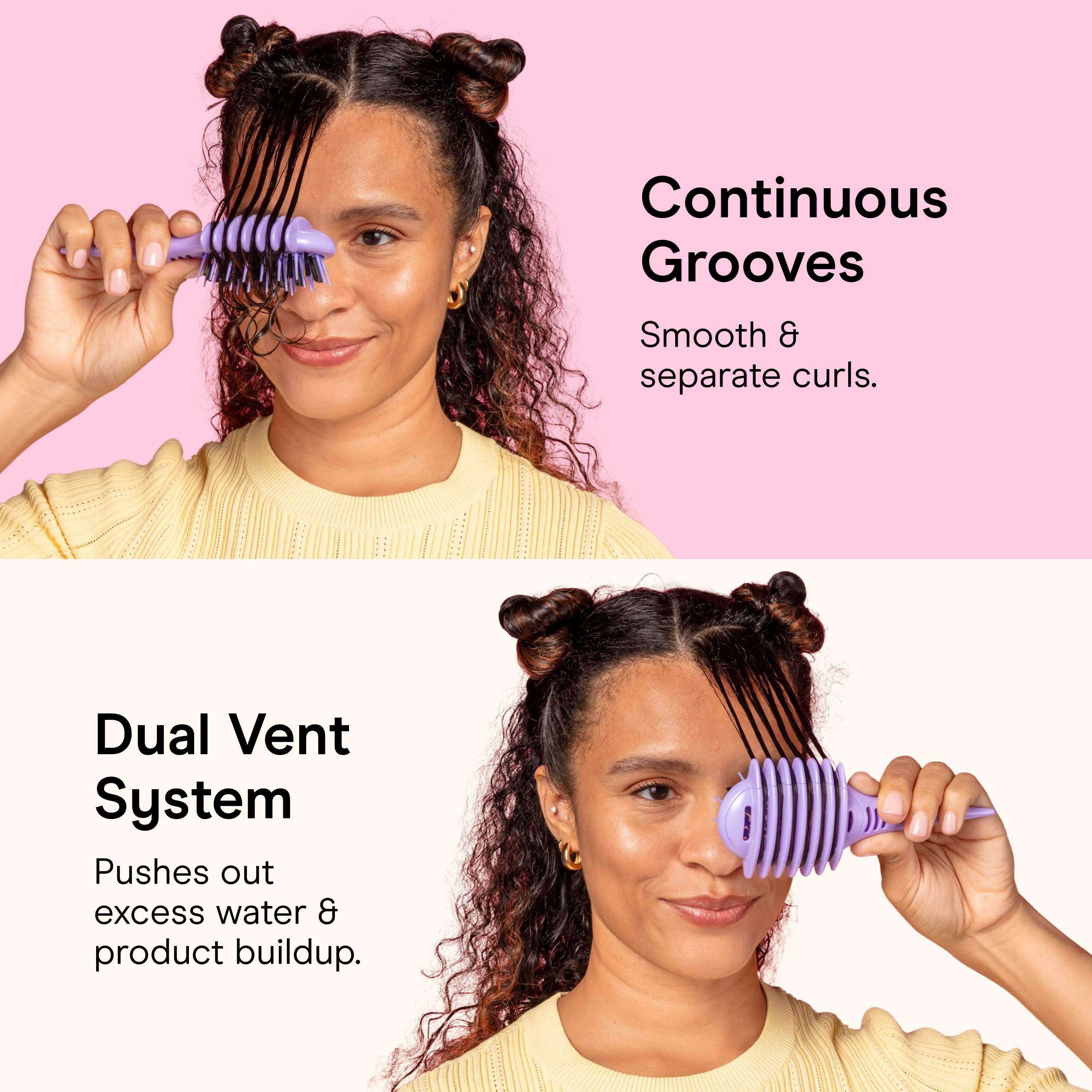 Conair Curl Define brush frame highlighting Continuous Grooves and the Dual-Vent System
