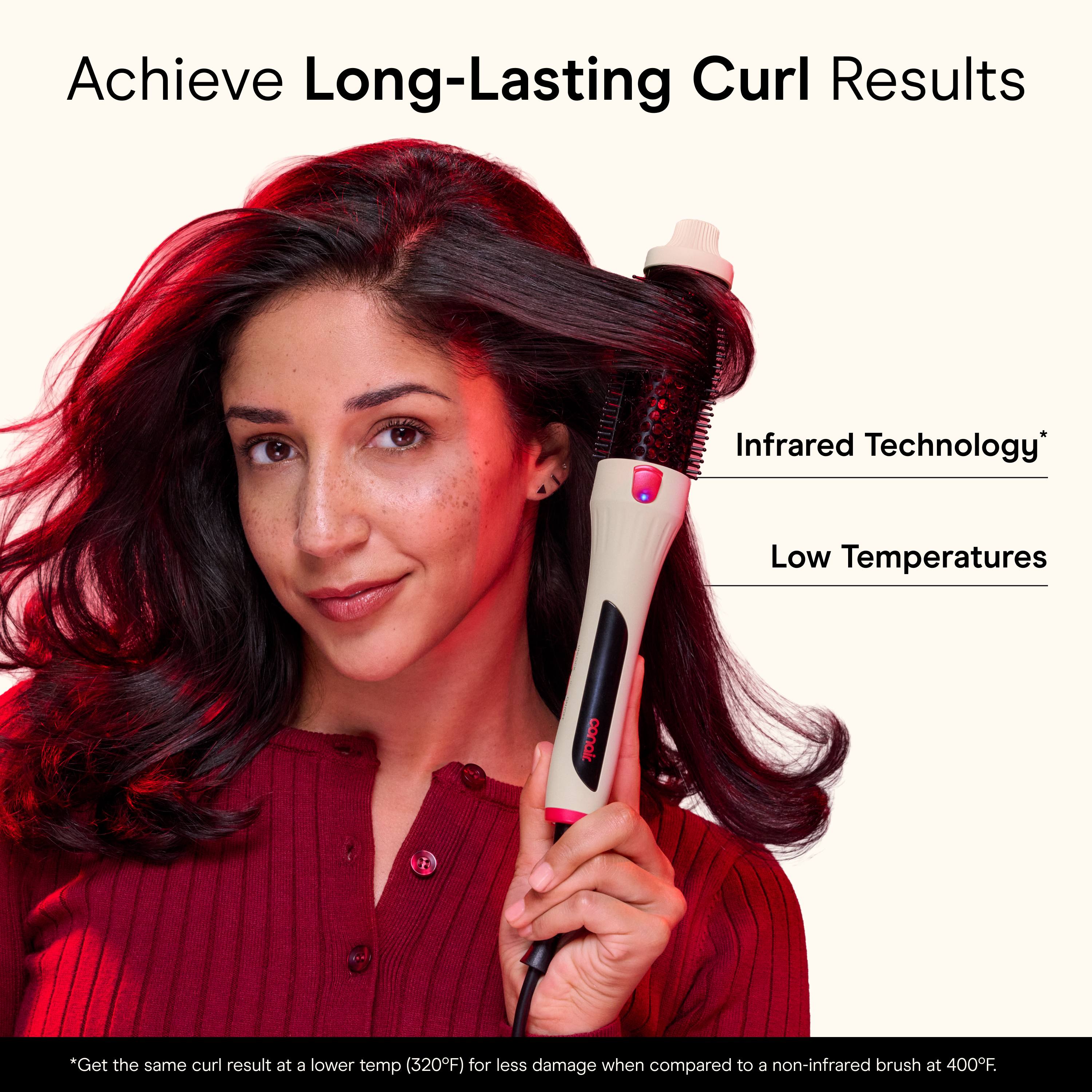 Conair Infrared Thermal Brush Amazon hero reading 'Achieve Long-Lasting Curl Results'