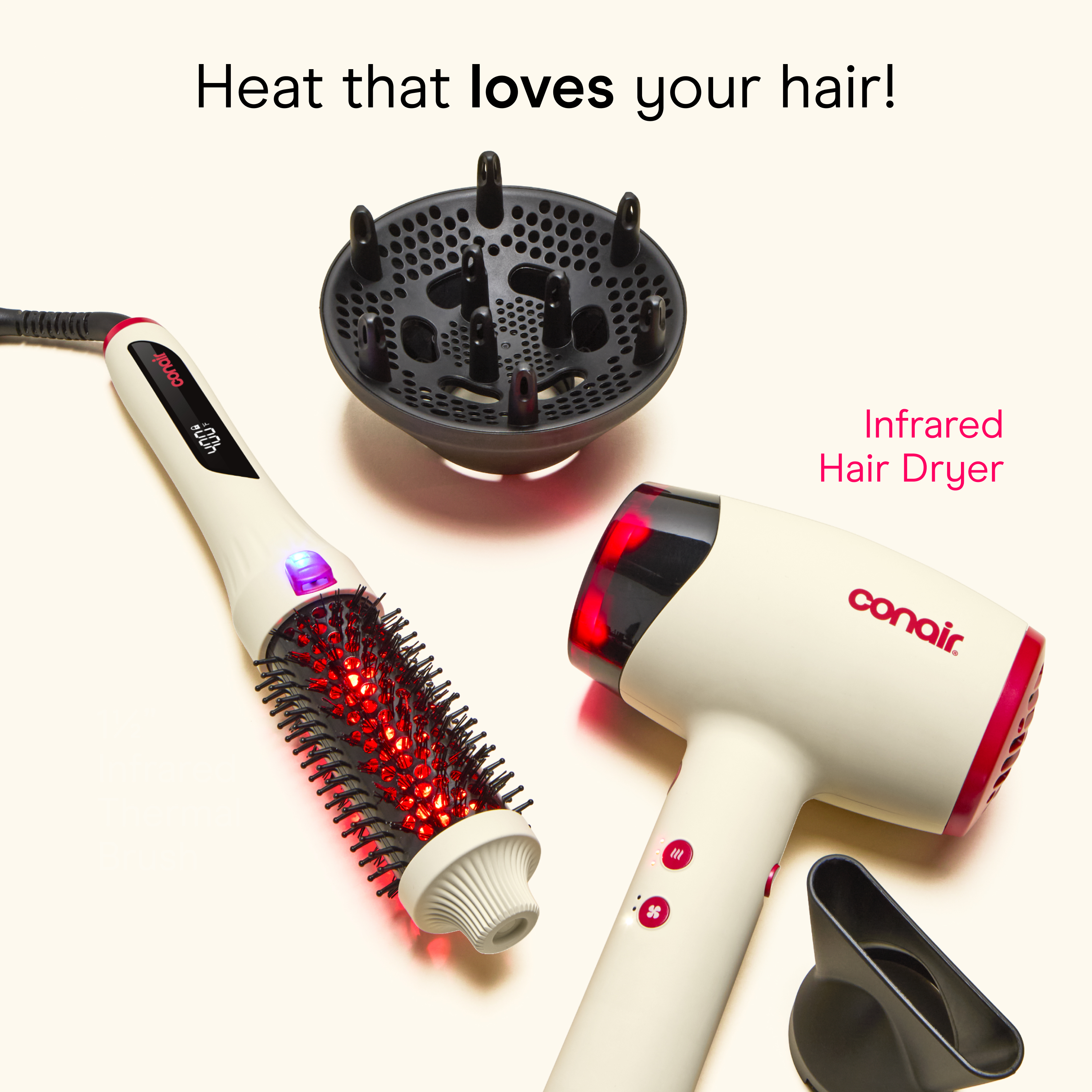 Conair Infrared family 'Heat that loves your hair!' flat lay
