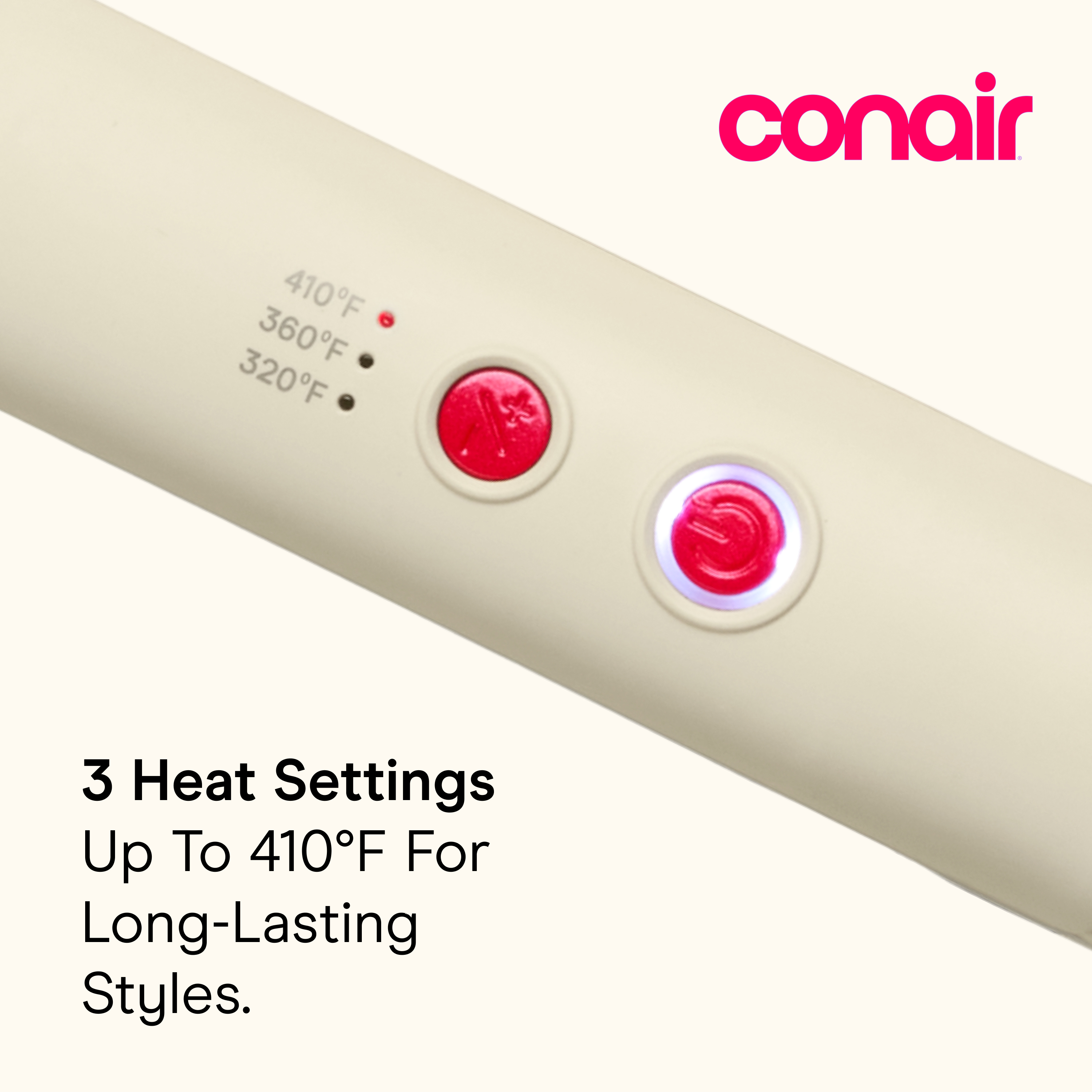 Conair heat-settings close-up frame showing the digital temperature controls
