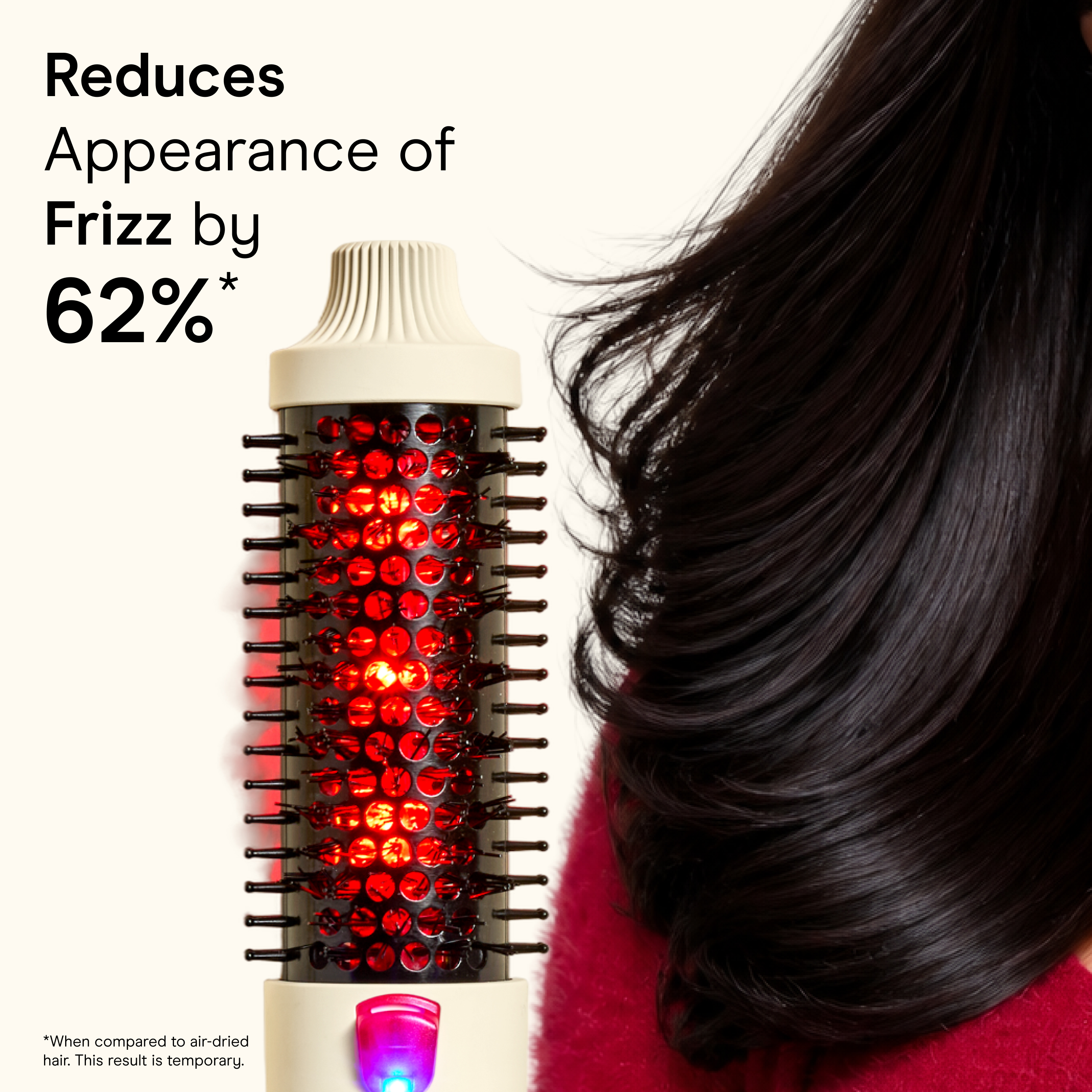 Conair Infrared frame claiming 'Reduces Appearance of Frizz by 62%' with a model and the round styling brush