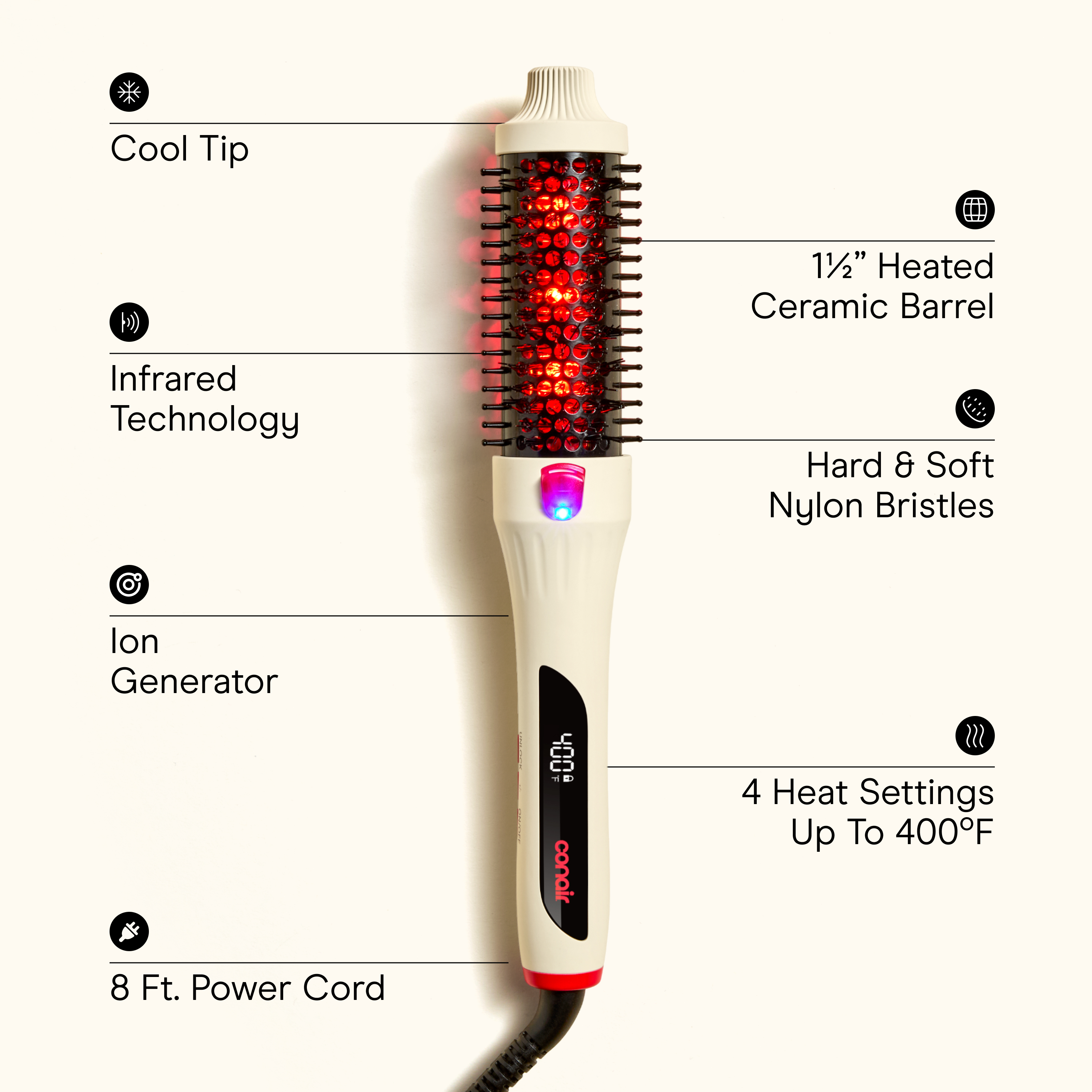 Conair Infrared styling brush feature-callout frame