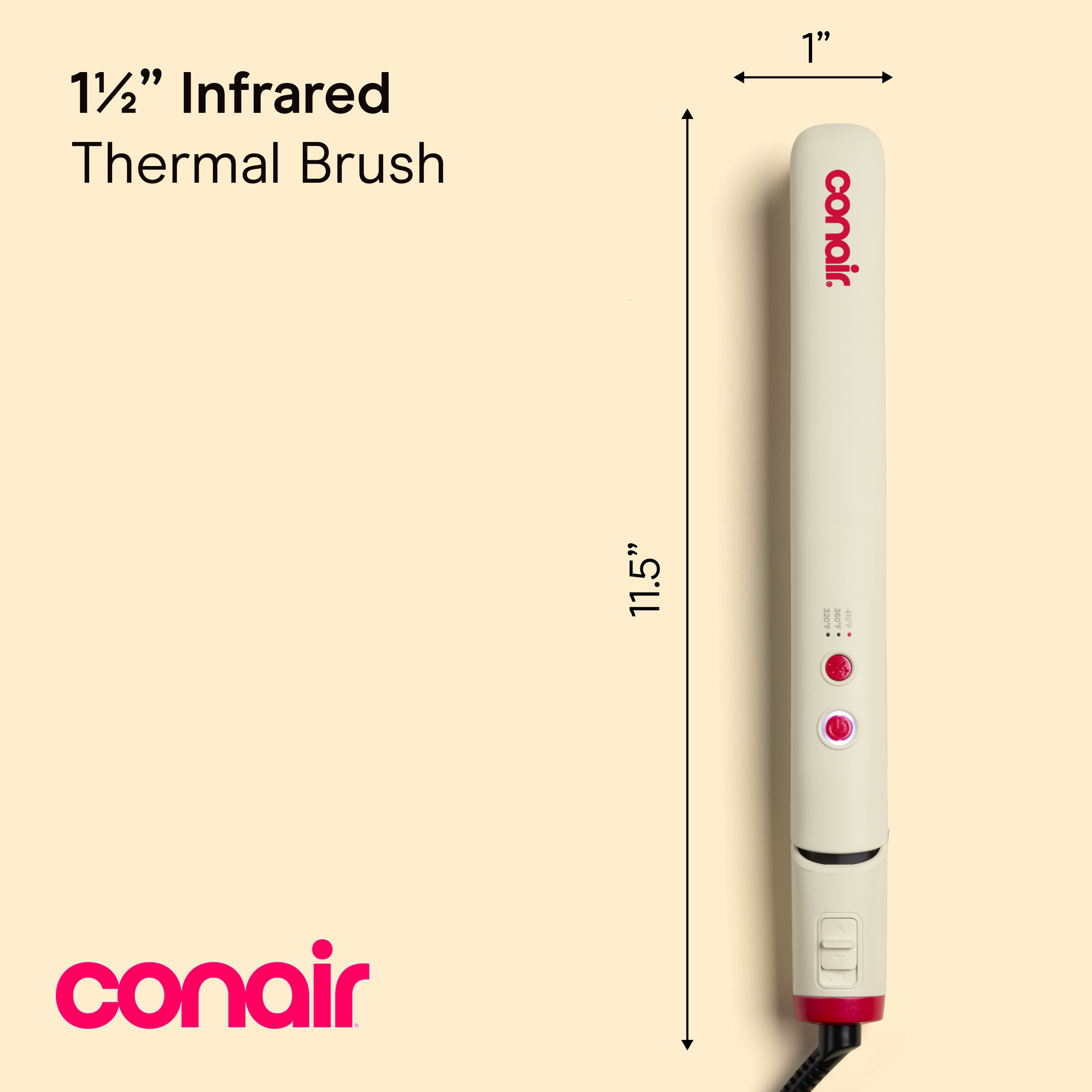 Conair flat styler dimensions frame showing an 11.5-inch length and 1-inch plates