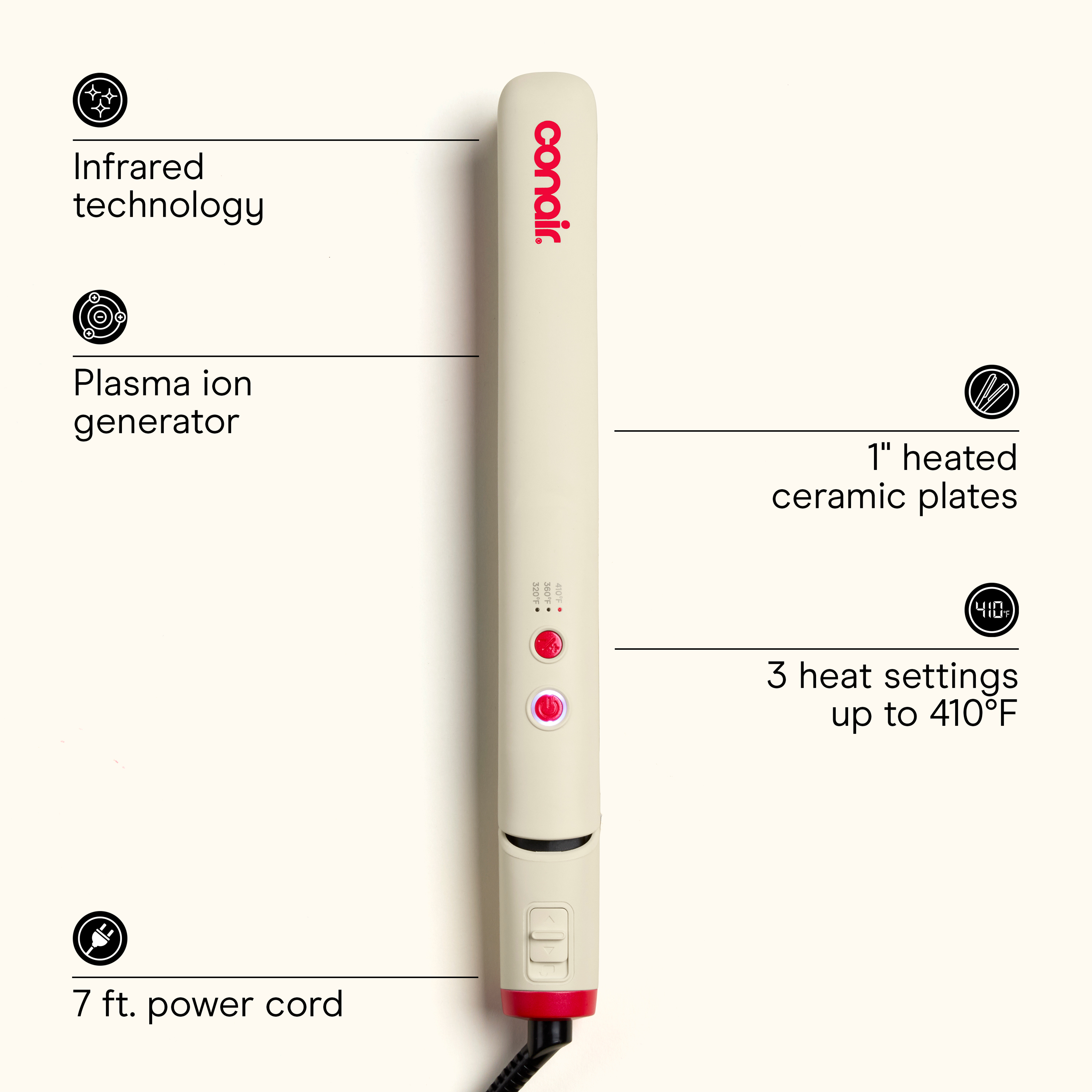 Conair flat iron spec frame calling out infrared technology, a plasma ion generator, 1-inch heated ceramic plates, three heat settings up to 410°F, and a 7 ft. power cord