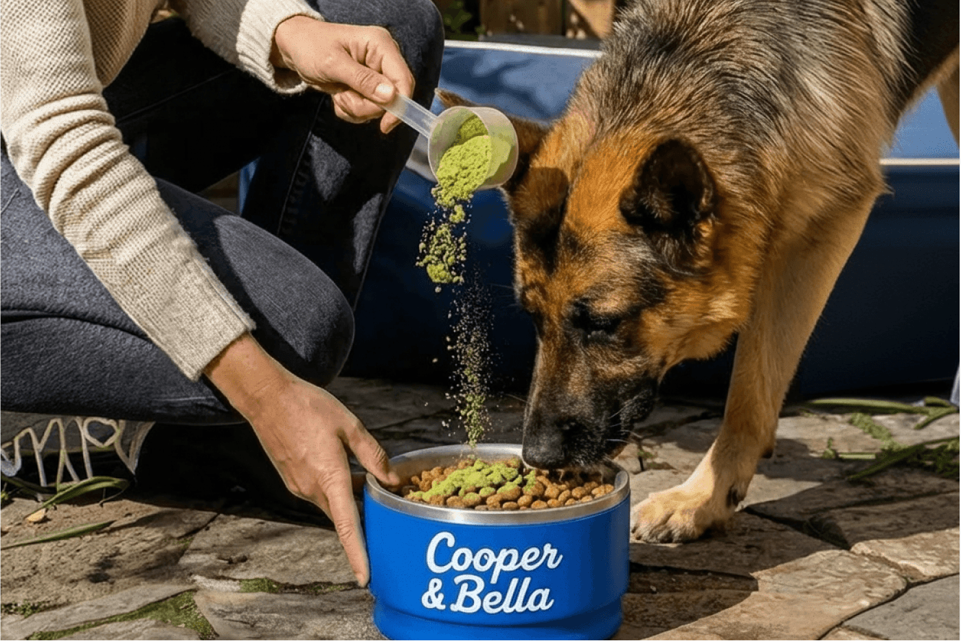 AI-directed lifestyle photograph of a German shepherd eating kibble topped with Cooper & Bella powder from a branded blue bowl