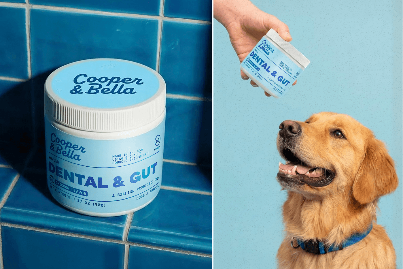 Cooper & Bella packaging on blue tile