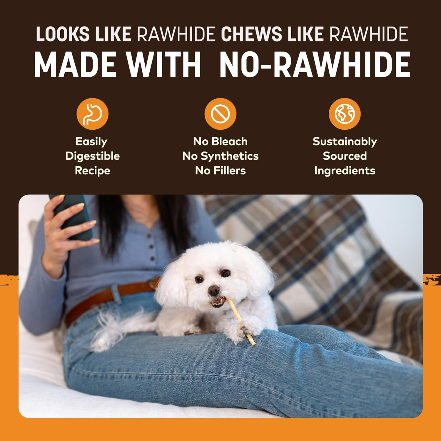 Earth Animal No-Hide 'Made With No-Rawhide' benefit panel