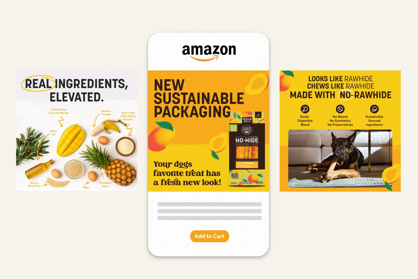 Earth Animal No-Hide ingredient and packaging mockups