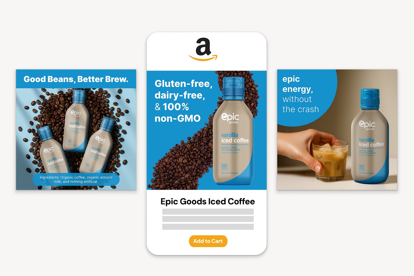 Epic Goods iced-coffee bottle in purple and blue color-blocked label