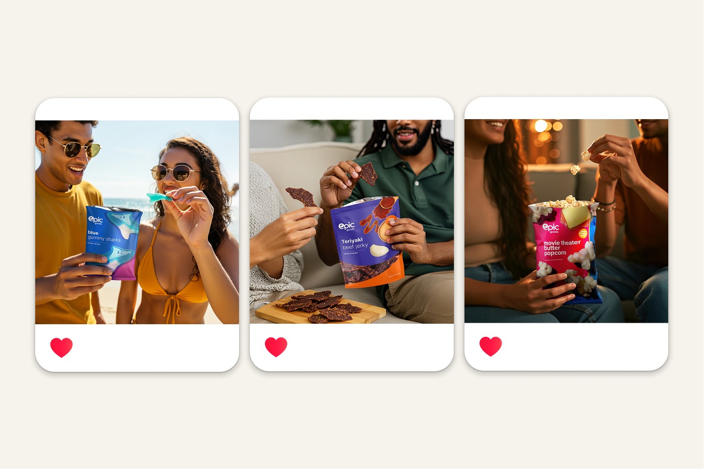Friends snacking at the beach with Epic Goods gummies and colorful beverages