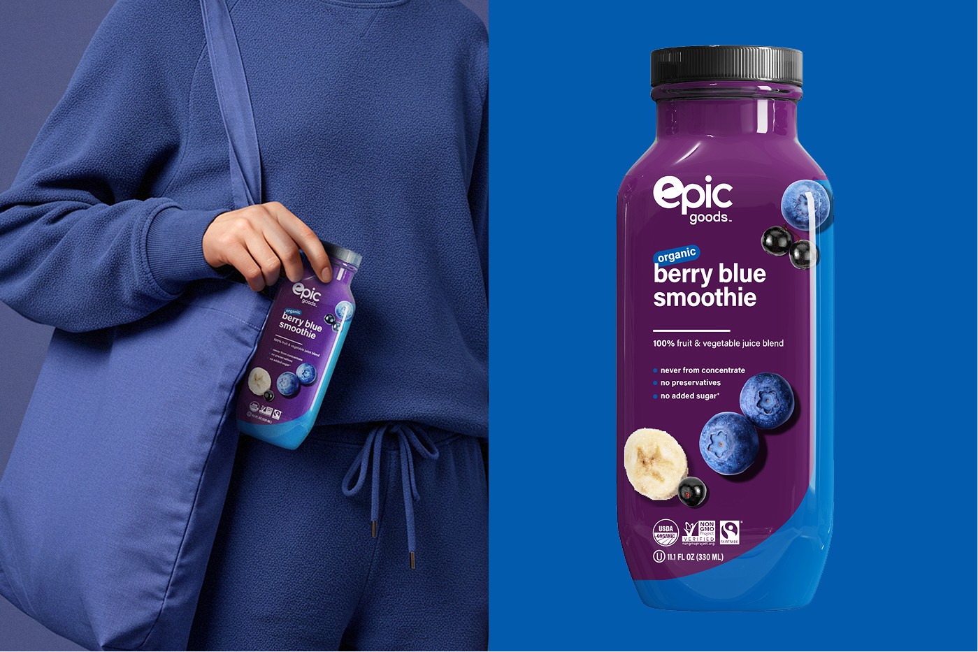 Epic Goods electrolyte water bottle in blue and pink color-blocked label
