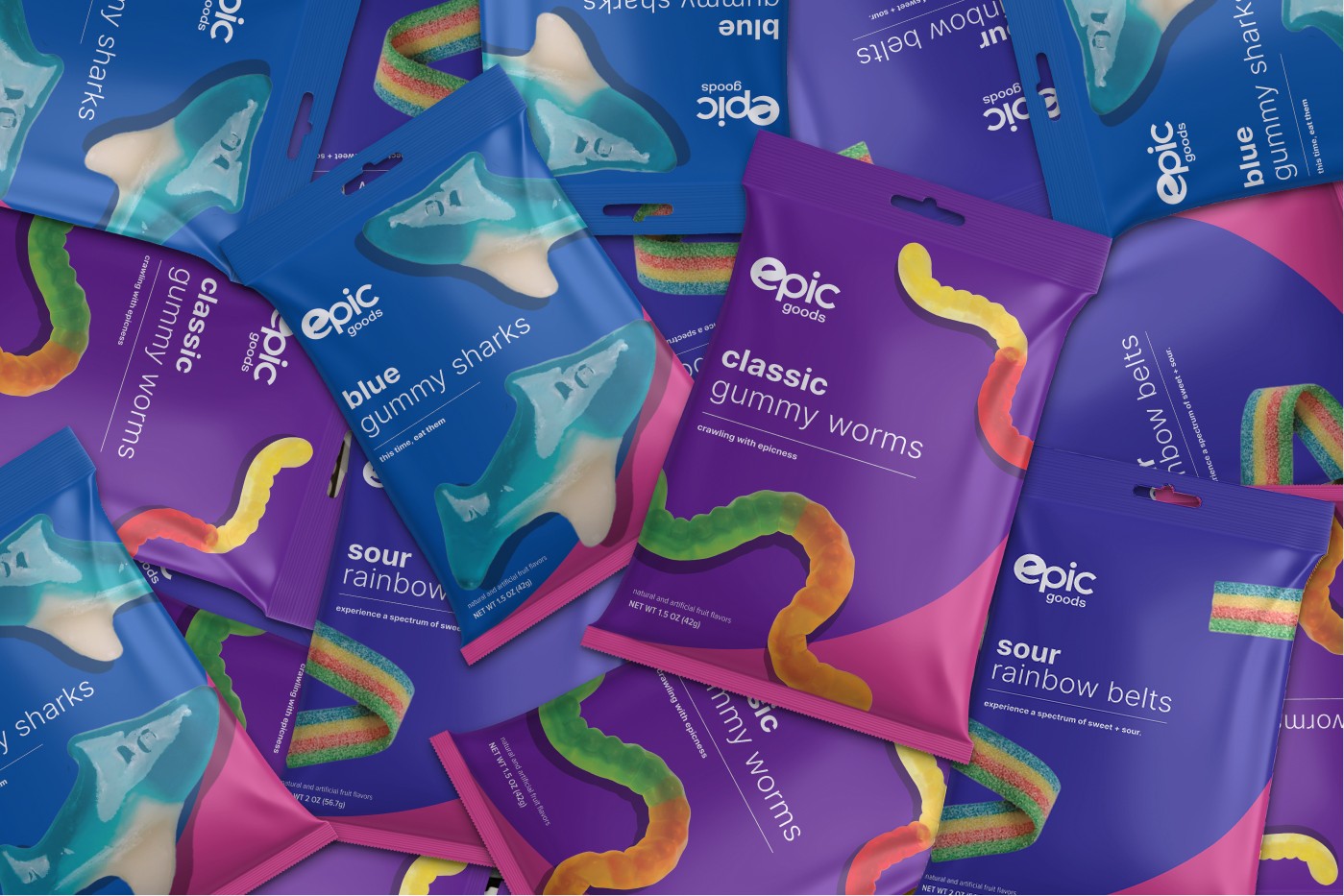 Epic Goods stand-up gummy candy pouch in saturated pink and blue color-blocked packaging