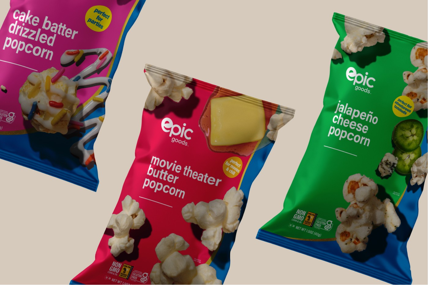 Epic Goods popcorn bag in green and blue color-blocked packaging