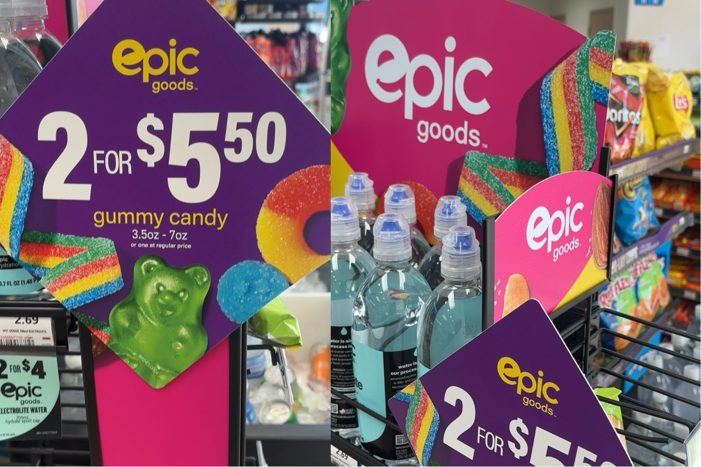 Convenience-store shelf fully stocked with Epic Goods color-blocked snacks and beverages