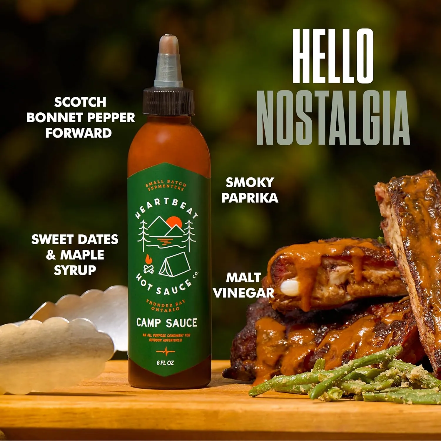 Heartbeat Camp Sauce 'Hello Nostalgia' A+ content module with moody food photography