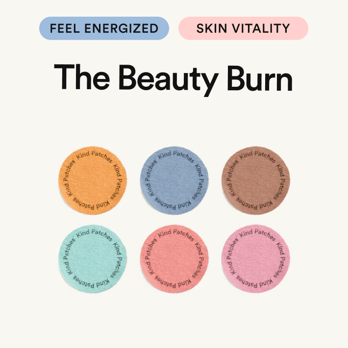Kind Patches 'The Beauty Burn' frame with six colored patch dots under 'Feel Energized' and 'Skin Vitality' tags
