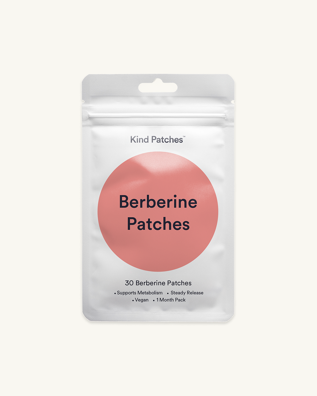 Clean Kind Patches Berberine Patches product hero, a white pouch with a coral circle reading '30 Berberine Patches, Supports Metabolism, Steady Release, Vegan, 1 Month Pack'