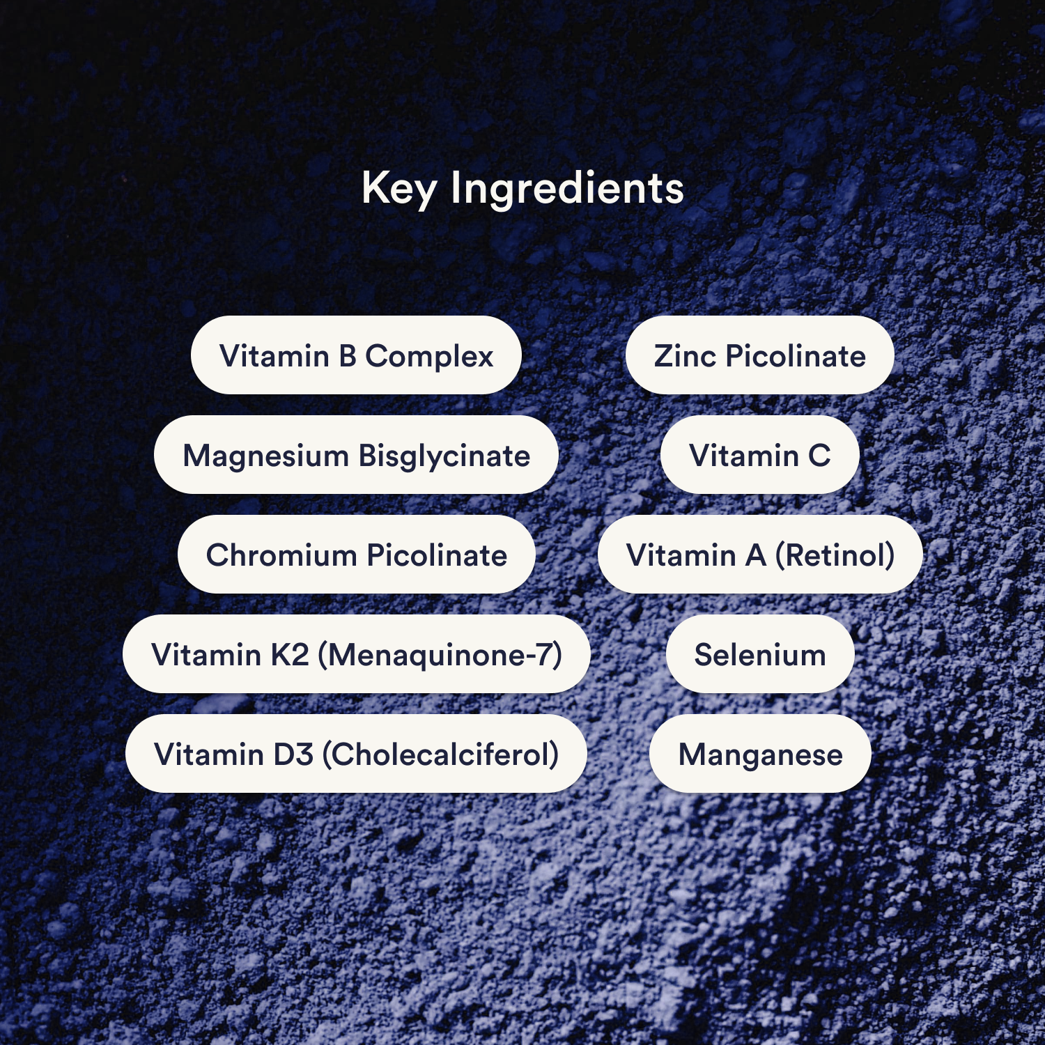 Boost key ingredients frame with a two-column list of vitamins and minerals on a deep blue backdrop