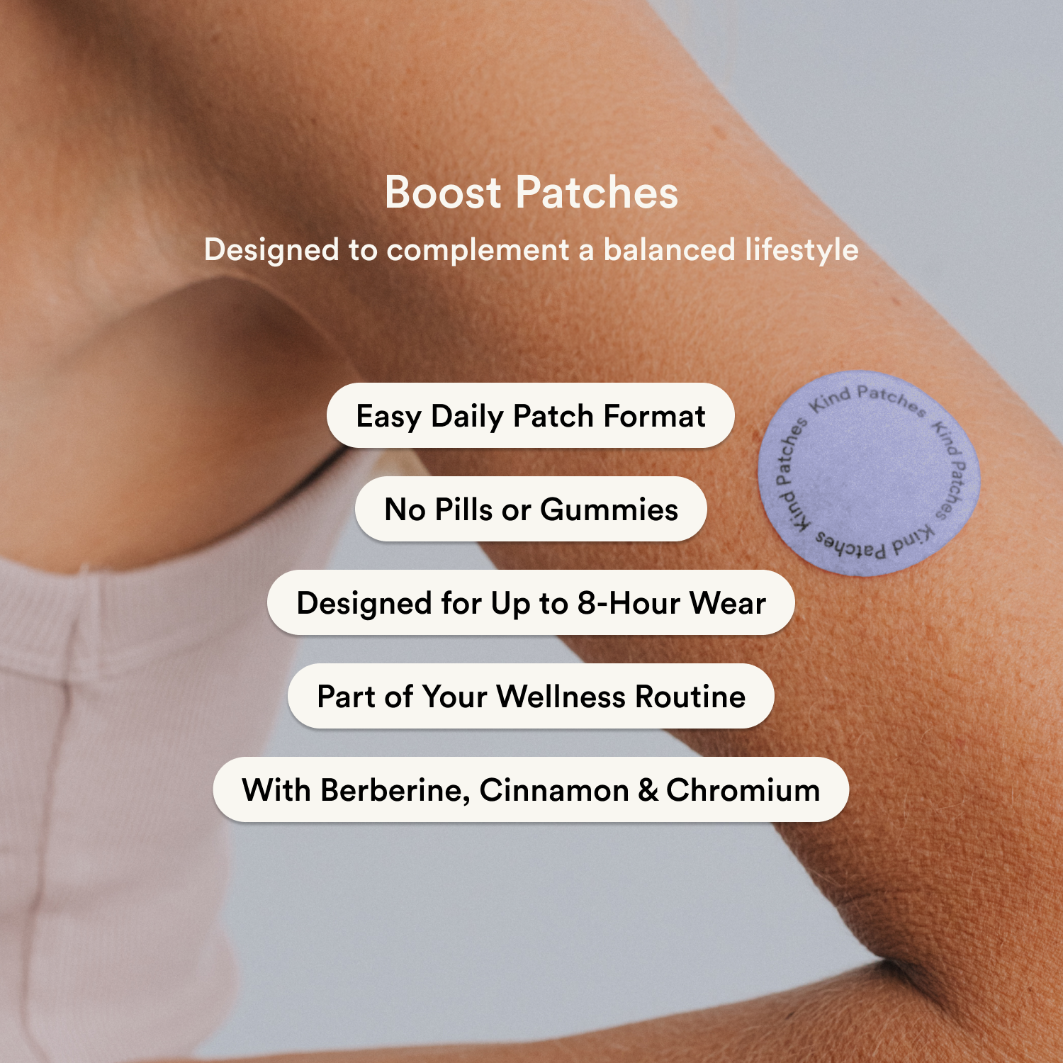 Kind Patches Boost key-points frame with benefit callouts beside a purple patch on an arm