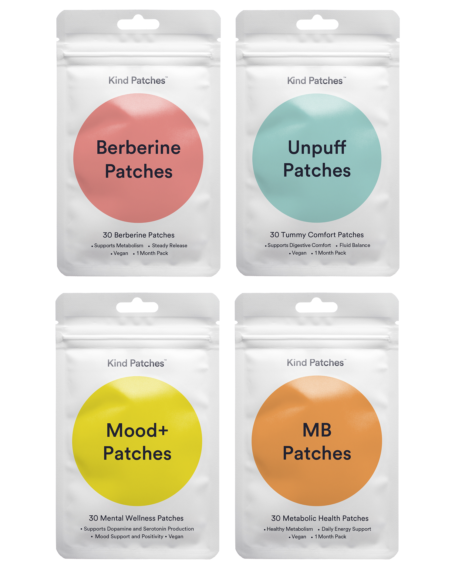 Kind Patches Happy Burn bundle showing Berberine, Unpuff, Mood+ and MB patch pouches
