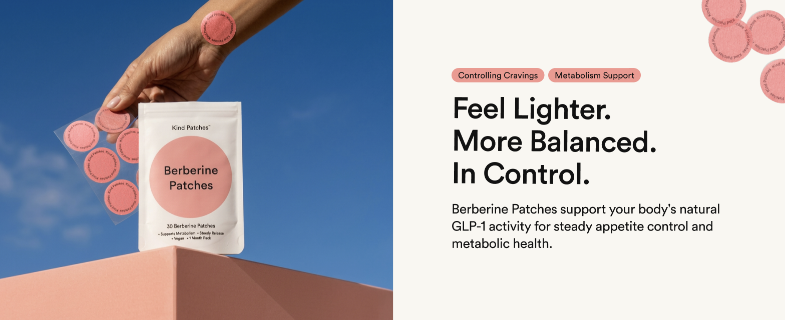 Kind Patches Berberine Patches PDP hero reading 'Feel Lighter. More Balanced. In Control.' with the white patch pouch held against a blue sky