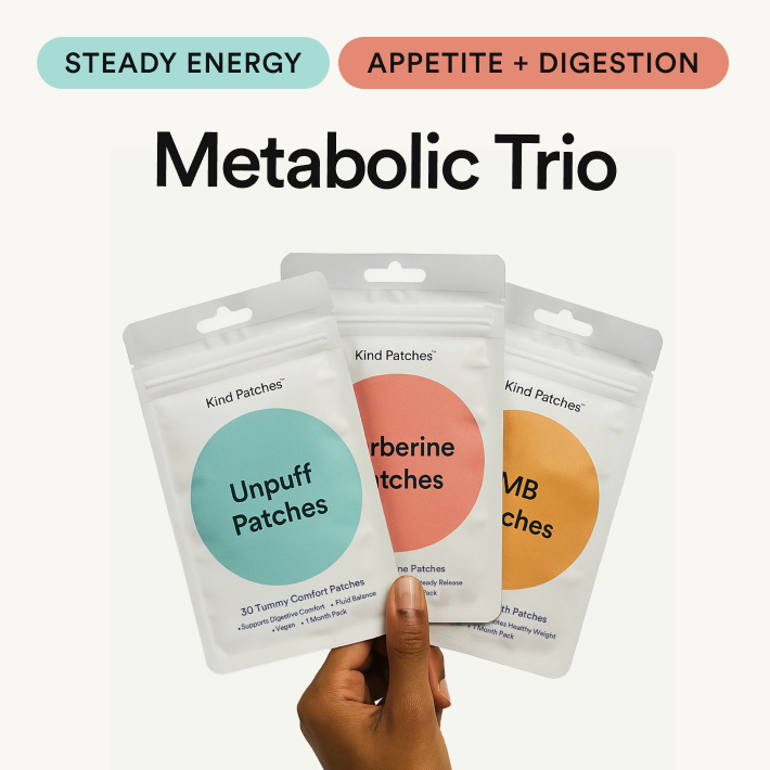 Kind Patches Metabolic Trio bundle with Unpuff, Berberine and MB pouches held in hand under 'Steady Energy' and 'Appetite + Digestion' tags