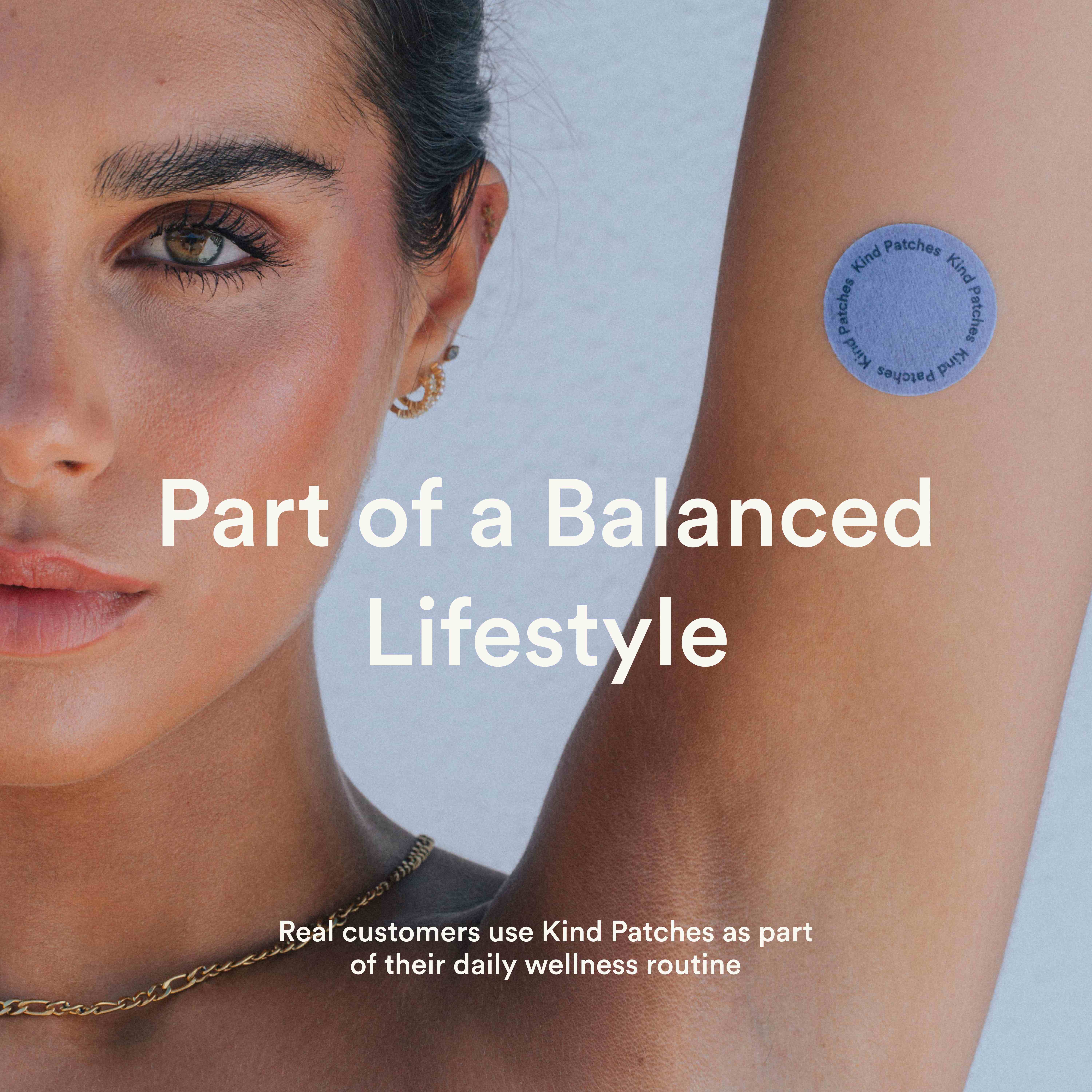 Kind Patches 'Part of a Balanced Lifestyle' lifestyle frame with a blue patch on a model's arm
