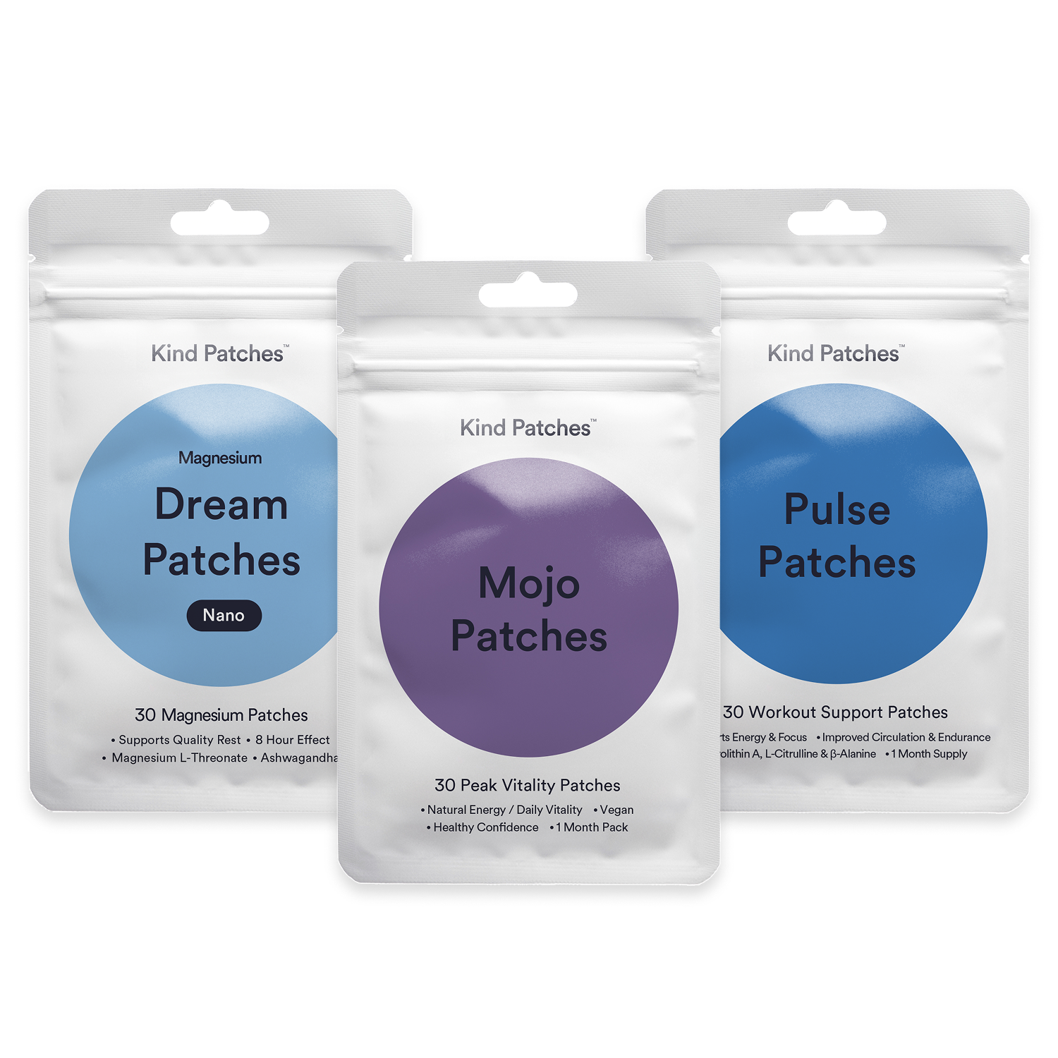 Kind Patches 24-Hour Performance Loop bundle with Dream, Mojo and Pulse patch pouches