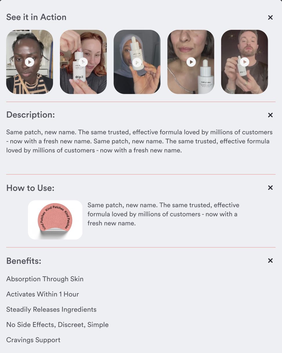 Kind Patches product education modal