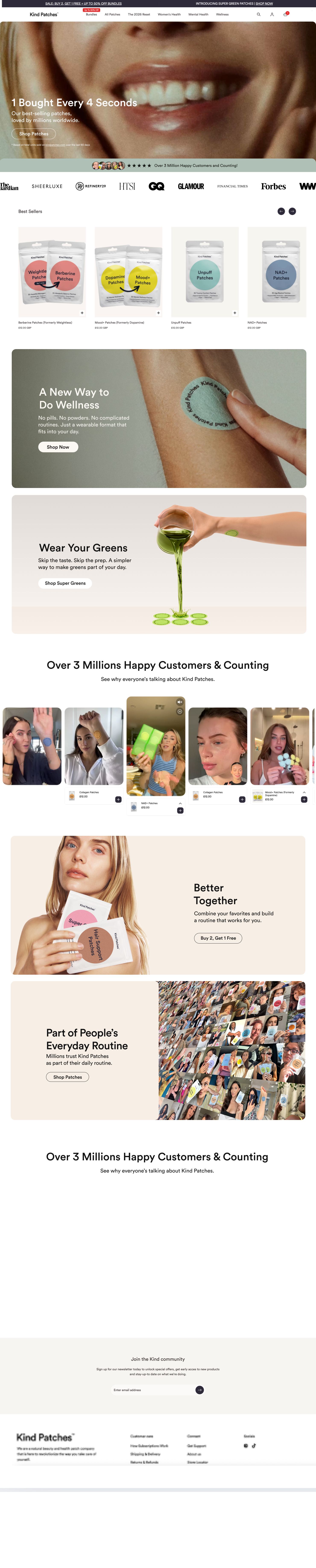Kind Patches ecommerce homepage design, full page