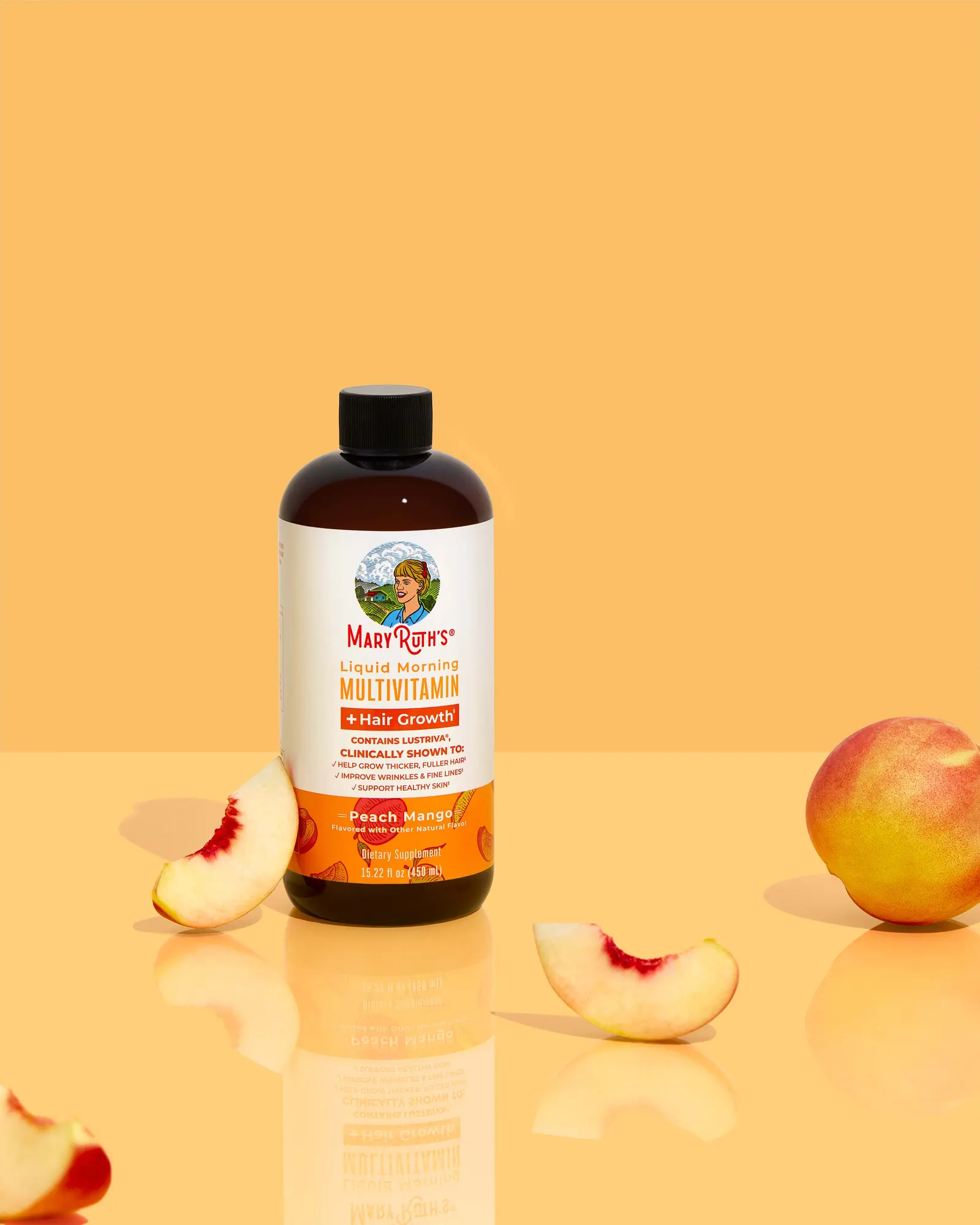 MaryRuth&rsquo;s bottle photographed with its hero ingredient on a bold color set