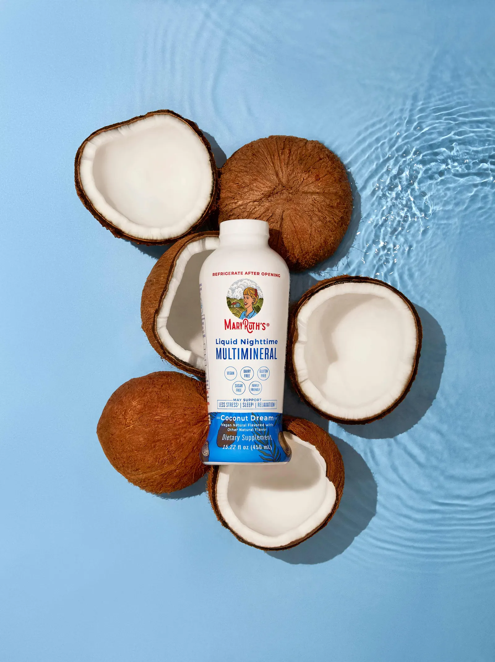 MaryRuth&rsquo;s liquid supplement styled with fresh produce under directional light