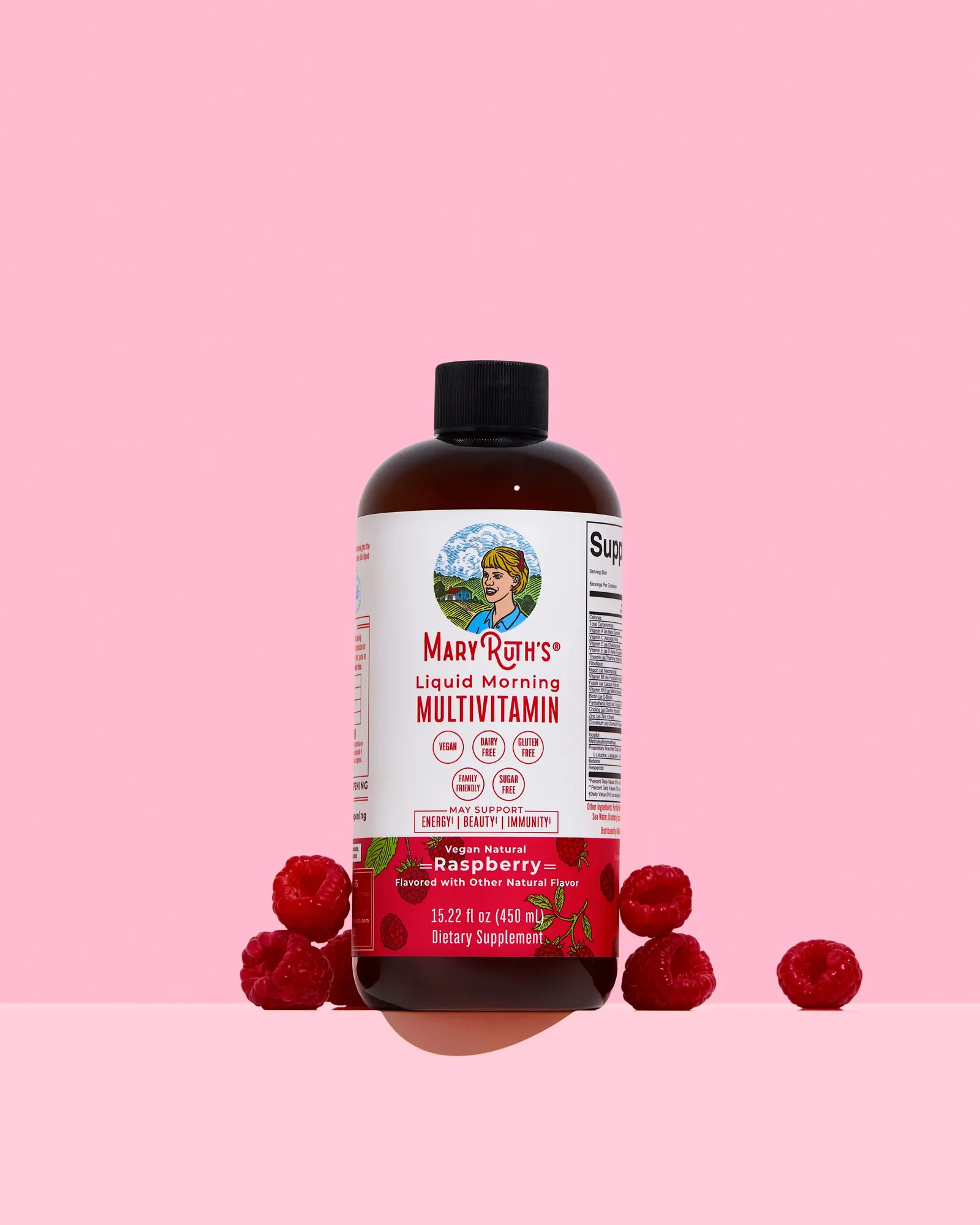MaryRuth&rsquo;s gummy bottle on a bright monochrome set with matching fruit styling