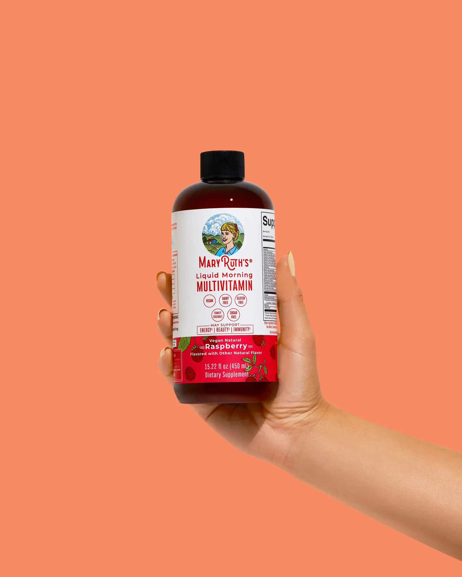 MaryRuth&rsquo;s supplement bottle styled with fresh fruit on a saturated backdrop