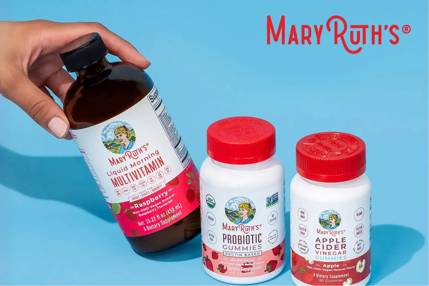 MaryRuth’s brand frame on blue with the red logotype