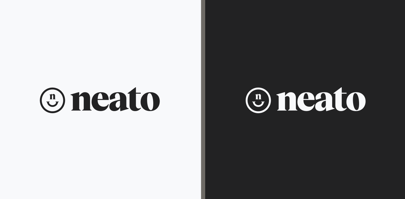 Neato smiley 'n' wordmark shown in light and dark variants side by side