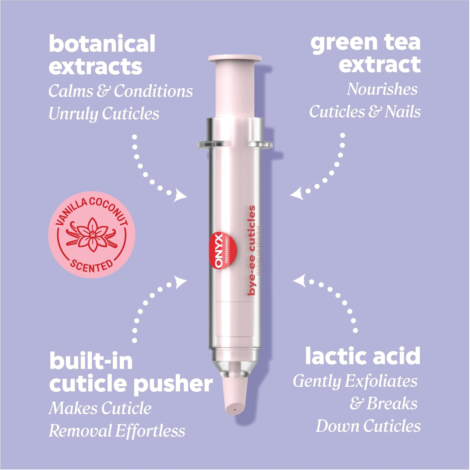 Onyx Professional 'bye-ee cuticles' rapid remover pen with botanical extract, green tea, lactic acid, and vanilla-coconut scent callouts arranged around the product on a lavender background