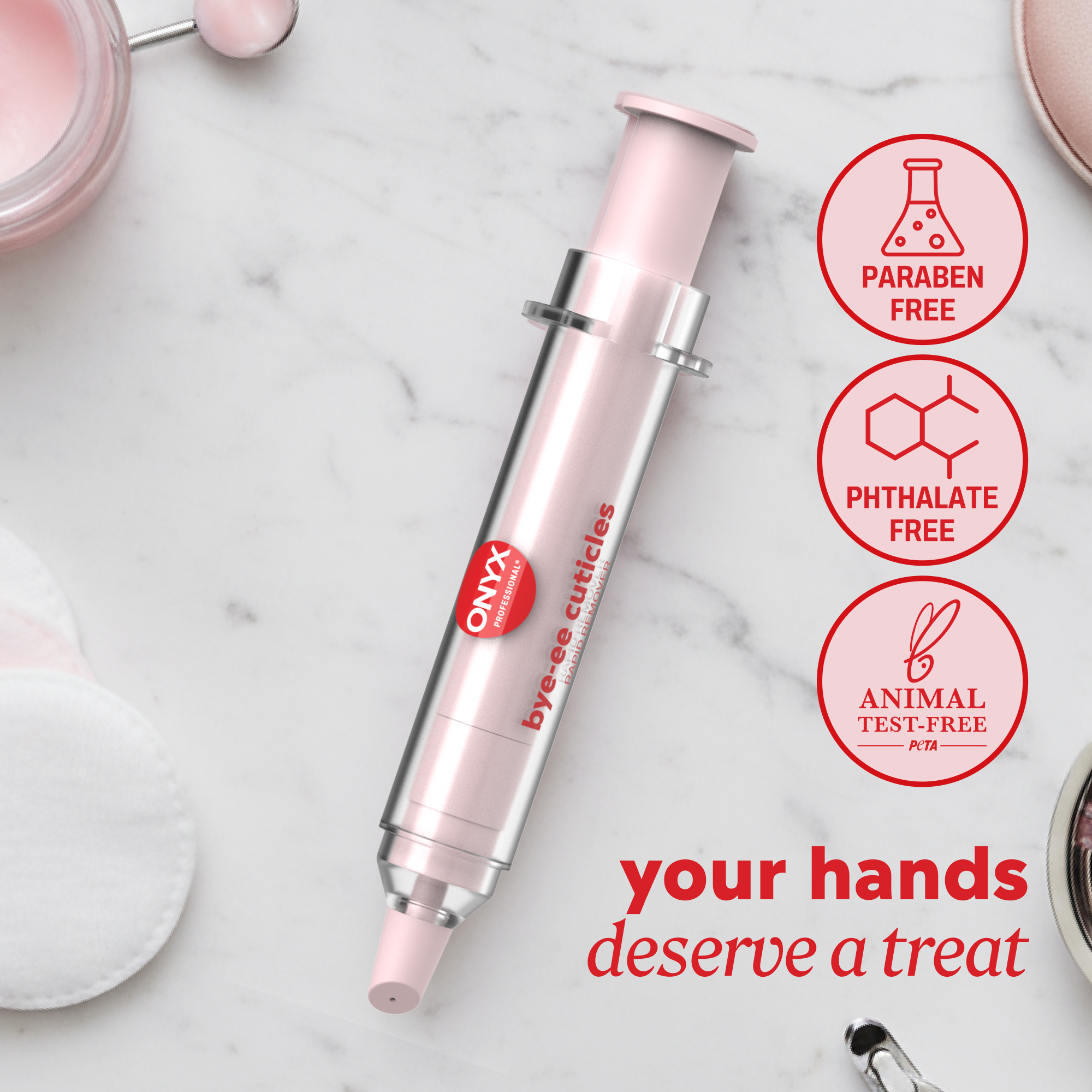 Onyx Professional cuticle remover styled on a marble surface