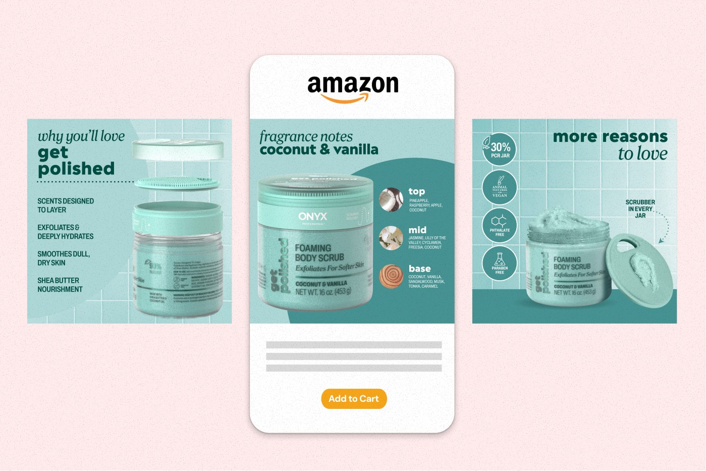 Onyx Professional 'Get Polished' foaming scrub Amazon PDP layout with ingredient callouts and a benefit frame