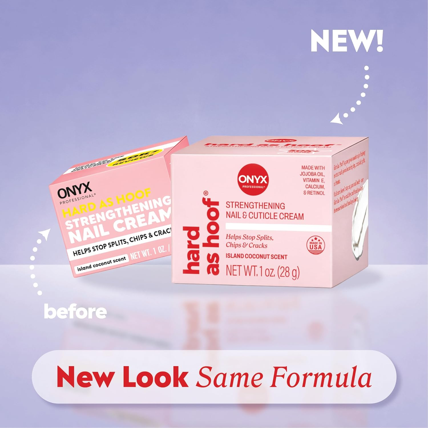 Onyx Professional Hard as Hoof nail strengthener 'New Look, Same Formula' comparison frame