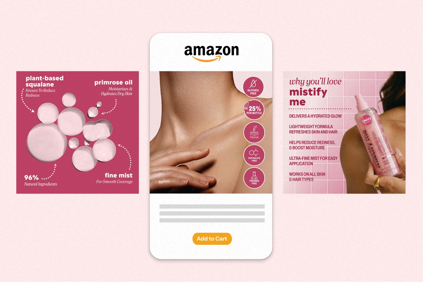 Onyx Professional Mistify Me body line Amazon PDP layout with ingredient callouts, an Amazon phone mockup, and a benefit frame