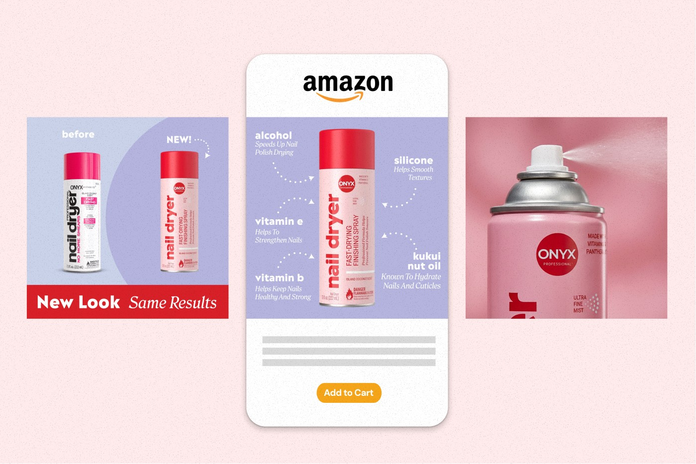 Onyx Professional Nail Dryer Finishing Spray Amazon PDP layout with benefit callouts and certification badges