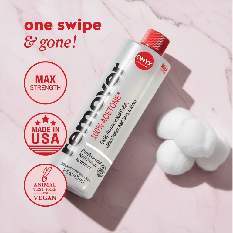 Onyx Professional 'One Swipe & Gone!' nail polish remover main image with Max Strength and Vegan badges
