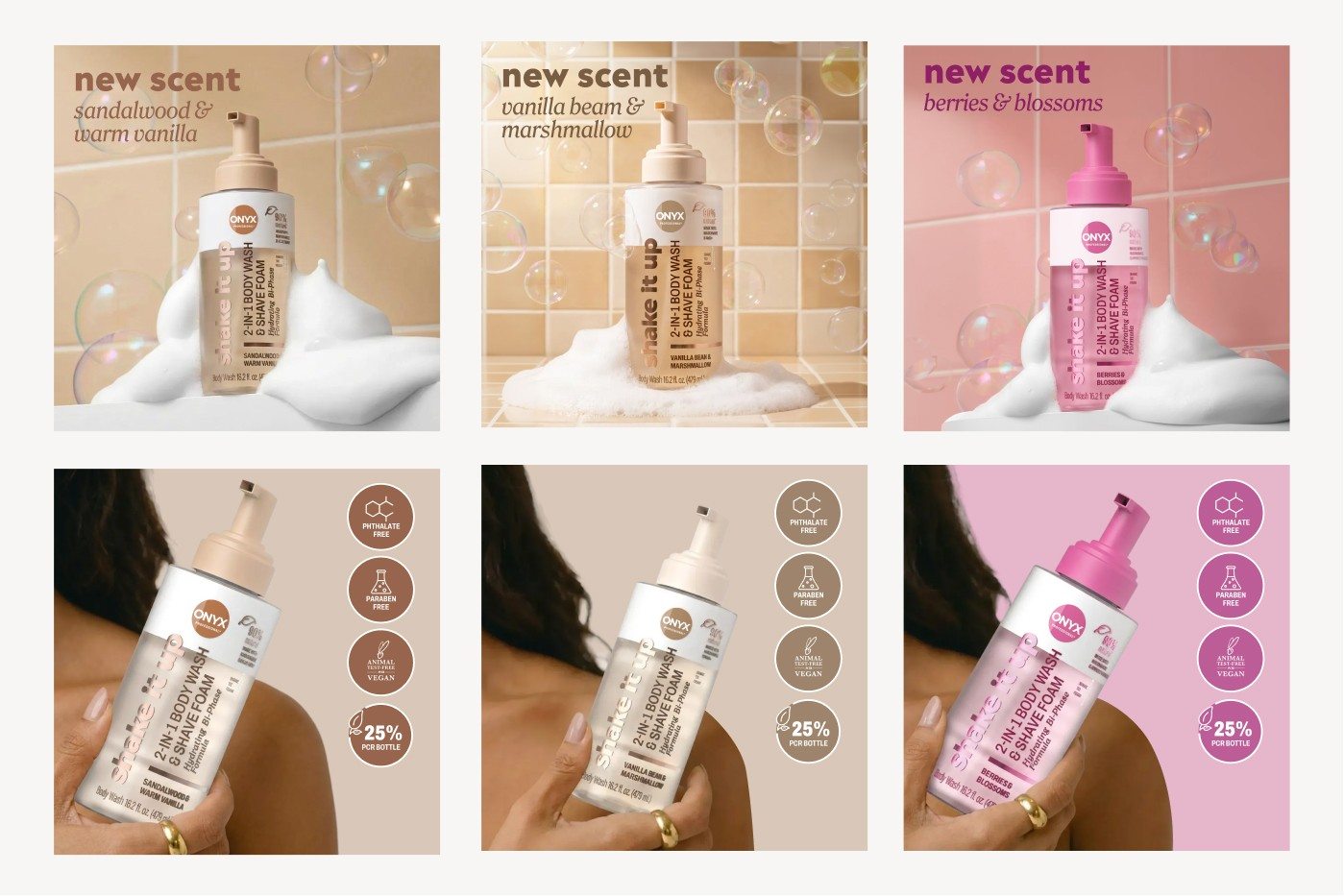 Onyx Professional Shake It Up body wash trio Amazon PDP layout applying the shared callout-and-badge system across three scents