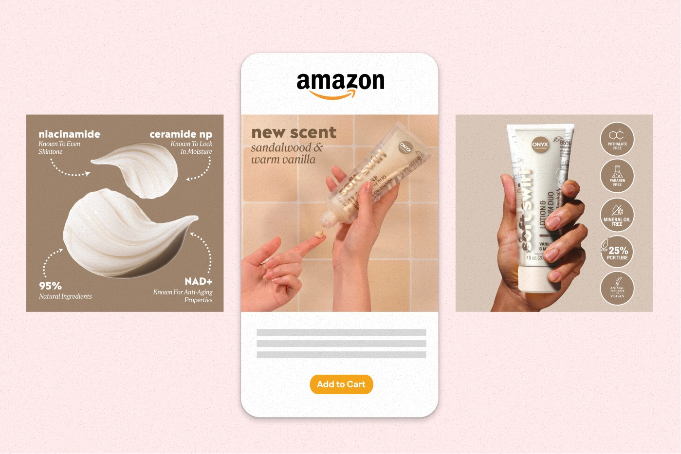 Onyx Professional 'Soft Swirl' sandalwood-and-vanilla lotion Amazon PDP layout with benefit callouts, an Amazon phone mockup, and a lifestyle frame