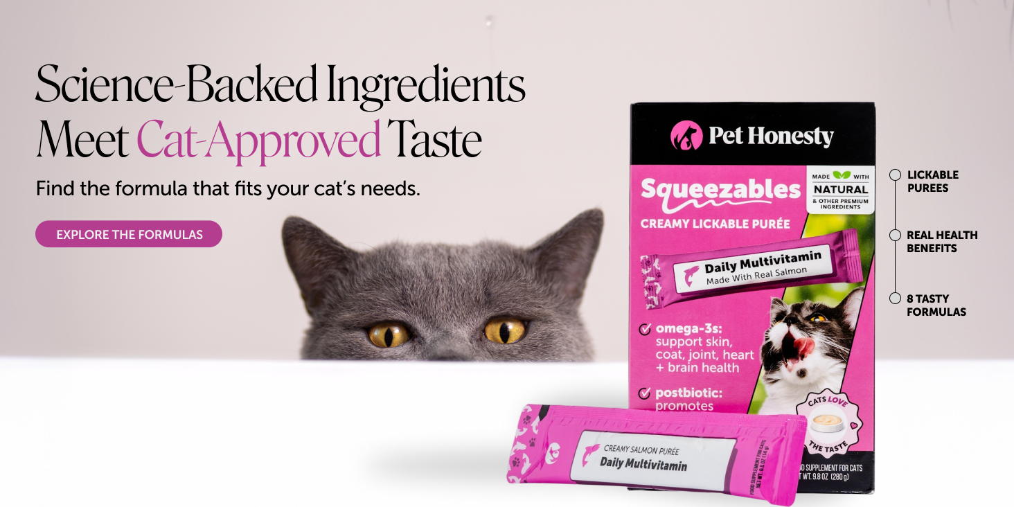 Pet Honesty Cat Squeezables eight-formula lineup banner