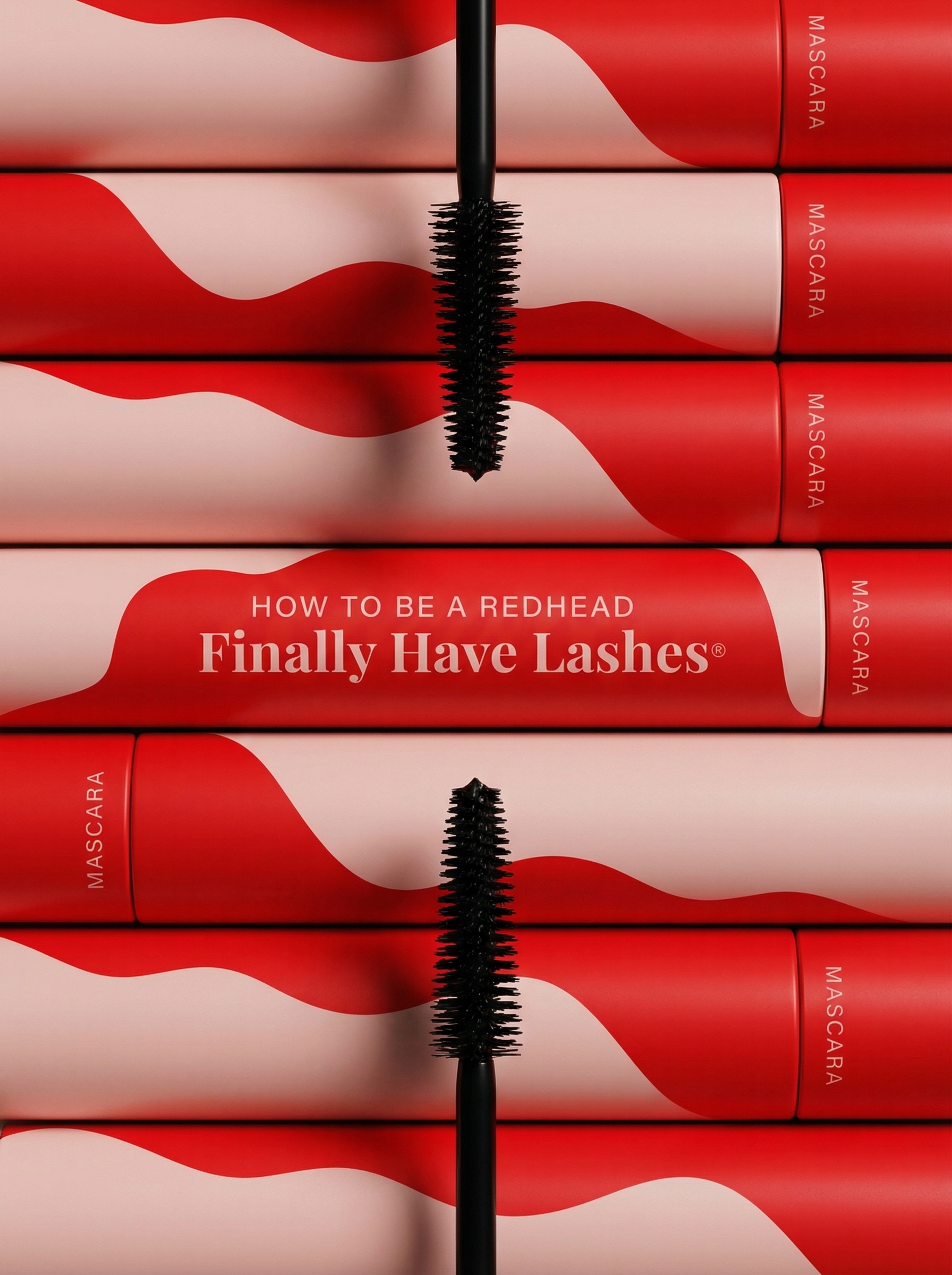 How To Be A Redhead 'Finally Have Lashes' mascara packaging and AI photography