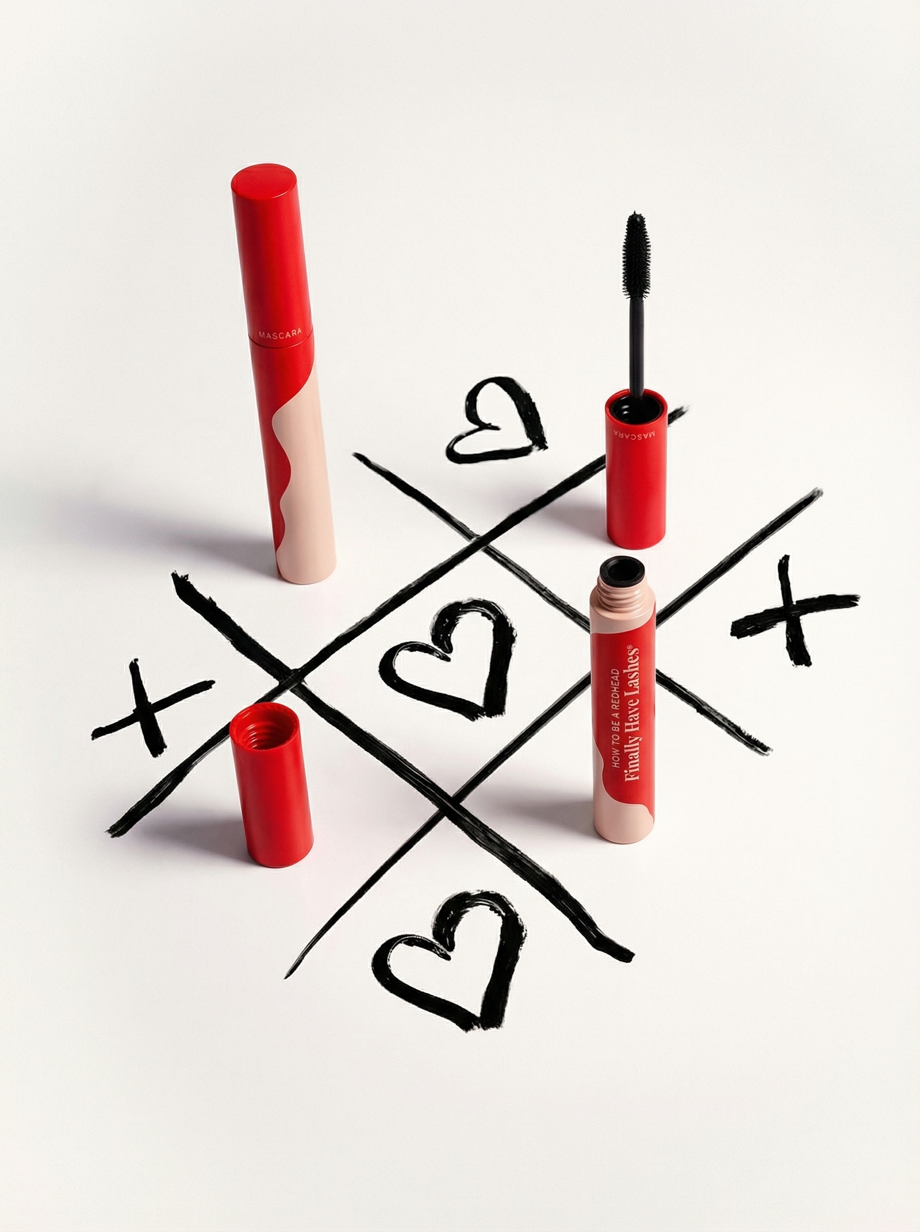 Valentine's tic-tac-toe scene with mascara tubes as game pieces
